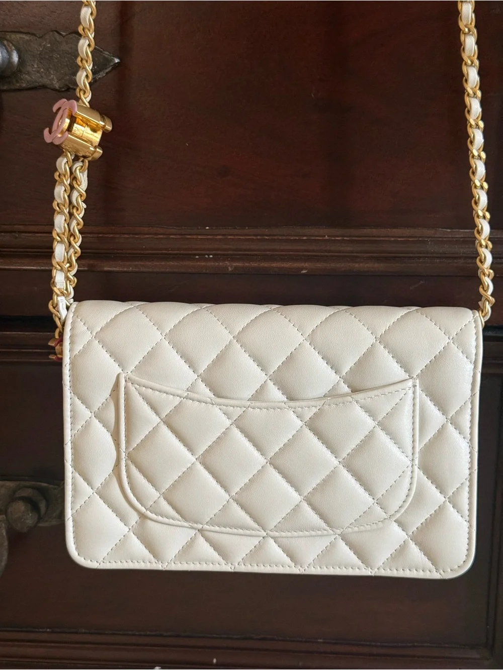 CHANEL Cream Quilted Leather Chain Crossbody with Gold Hardware